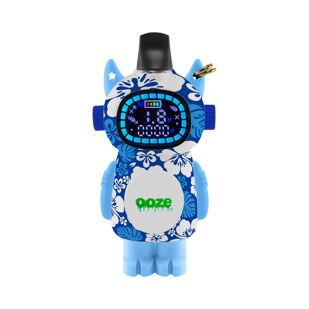 Close-up of a blue and white patterned vape battery shaped like a robot, featuring a digital display showing battery life and voltage, against a white background.