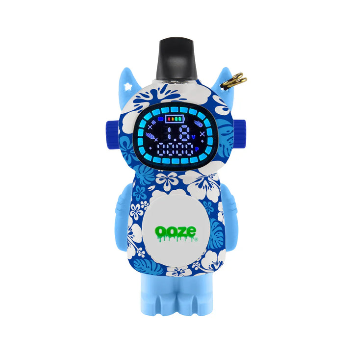 Close-up of a blue and white patterned vape battery shaped like a robot, featuring a digital display showing battery life and voltage, against a white background.