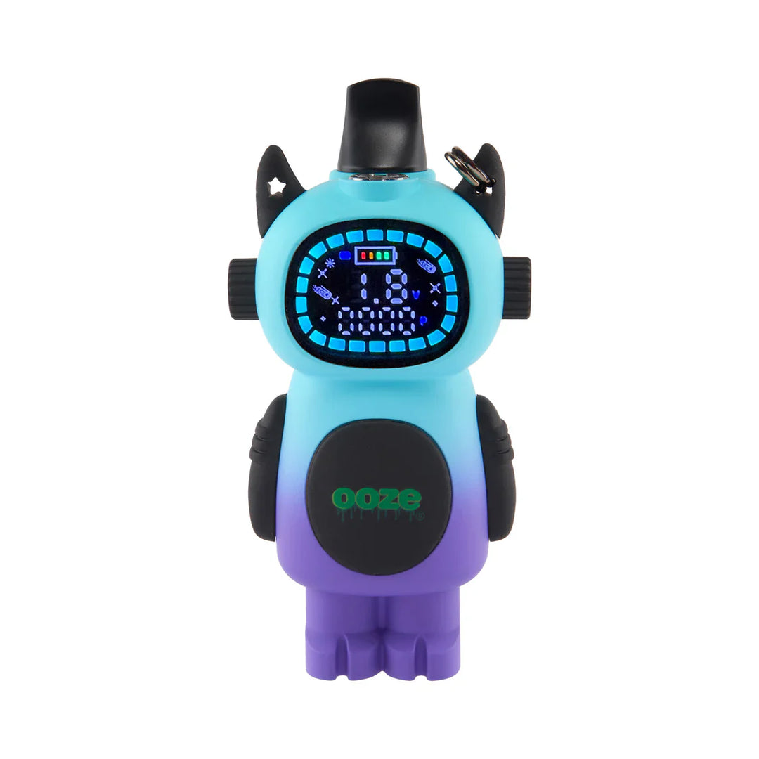 Front view of a robot-shaped vape battery with a light blue top fading to purple at the bottom, featuring a bright digital display and a black mouthpiece.