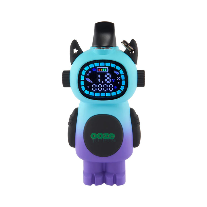 Front view of a robot-shaped vape battery with a light blue top fading to purple at the bottom, featuring a bright digital display and a black mouthpiece.