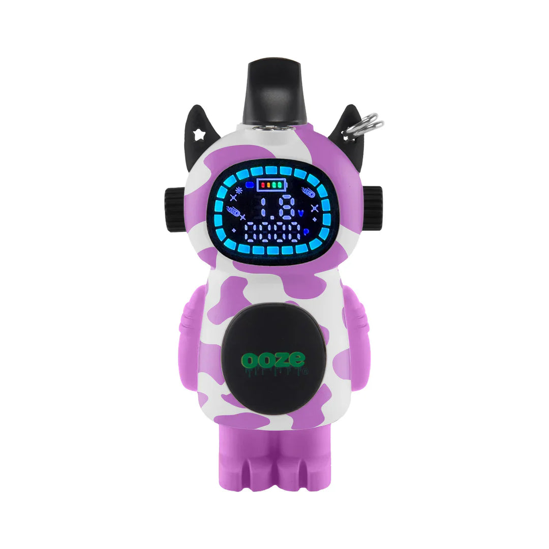 A purple and white cow-print robot-shaped vape battery with a digital screen displaying battery life and settings, shown against a white background.
