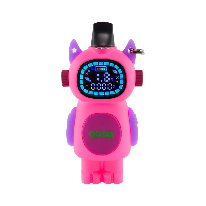 Front view of a pink robot-shaped vape battery with purple accents, a black mouthpiece, and a bright digital display showing battery life and a '1.8' reading.