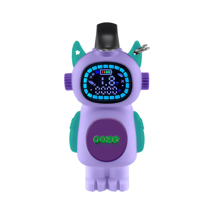 A purple, robot-shaped vape battery with teal accents and a black mouthpiece, featuring a digital display showing battery life and settings, and a green 'Ooze' logo on its chest.