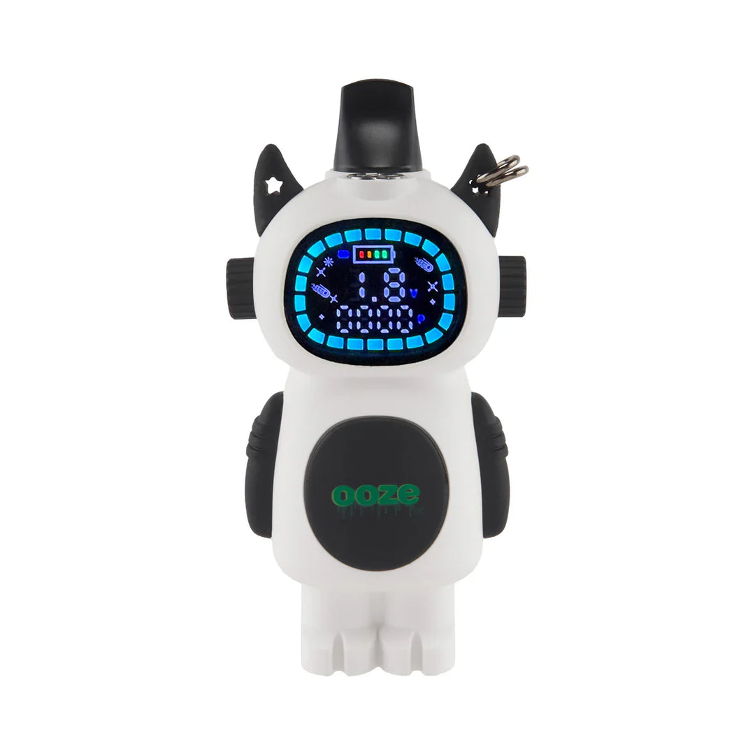 A white and black robot-shaped vape battery with cat ears and a digital screen displaying '1.8' and battery life, standing upright against a white background.