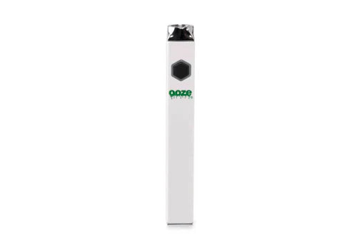A white, rectangular vaporizer battery with a black hexagonal button and green 'Ooze' logo, standing upright on a white background.