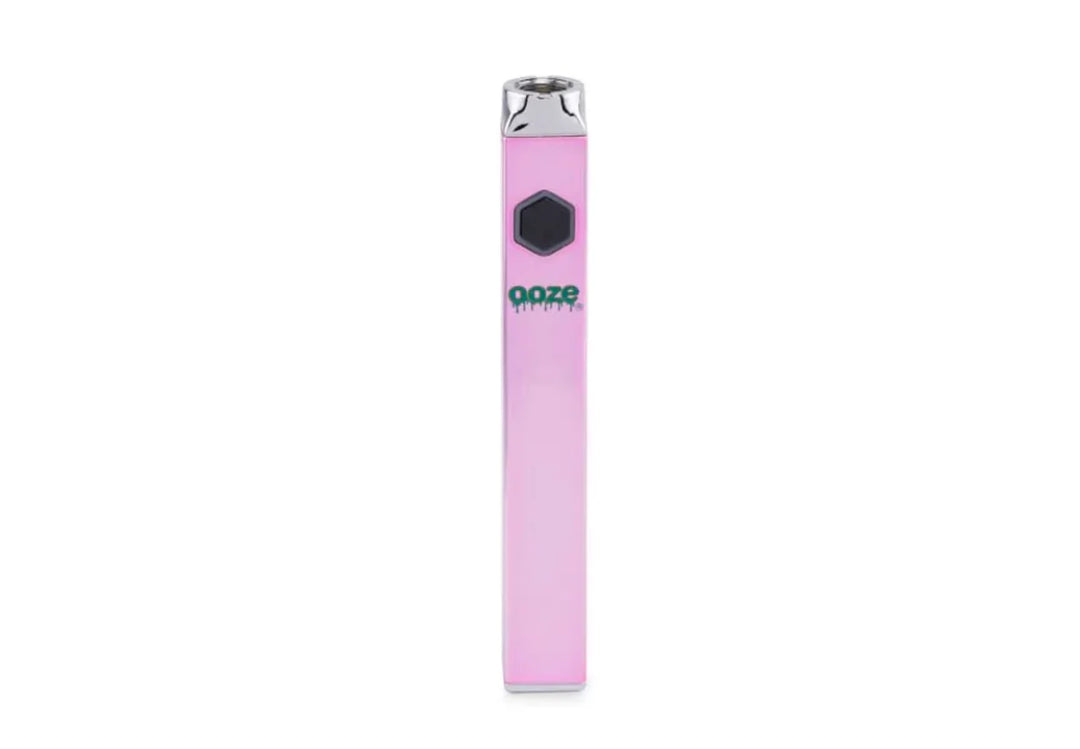 A single pink rectangular vaporizer battery with a black hexagonal button and a silver mouthpiece, standing upright against a white background.