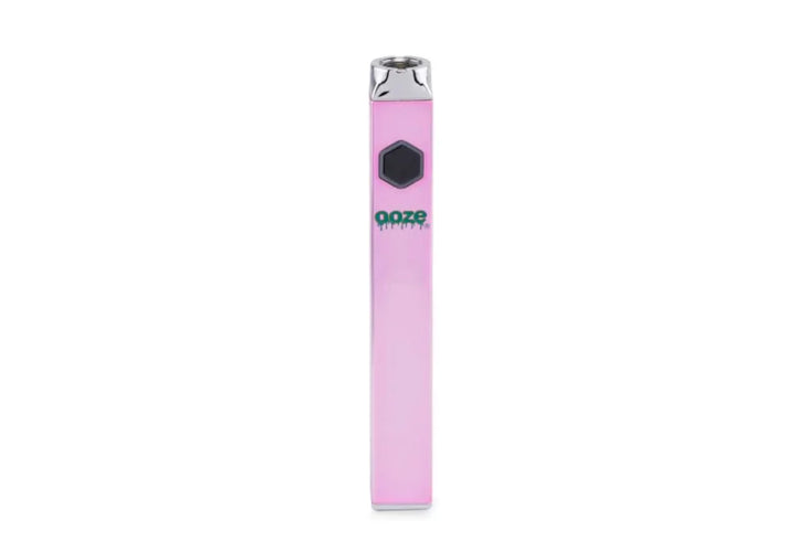 A single pink rectangular vaporizer battery with a black hexagonal button and a silver mouthpiece, standing upright against a white background.