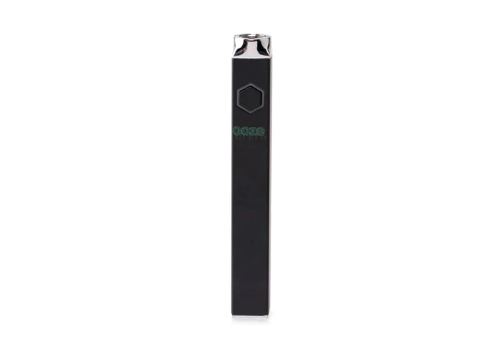 A sleek, black, rectangular vaporizer battery with a silver top and a hexagonal black button, featuring a green 'Ooze' logo on its side, presented against a clean white background.