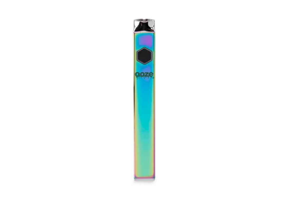 A sleek, iridescent vaporizer battery with a square, flat design and a black button, standing upright against a white background.