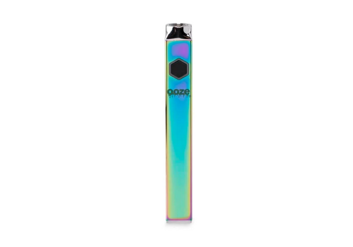 A sleek, iridescent vaporizer battery with a square, flat design and a black button, standing upright against a white background.