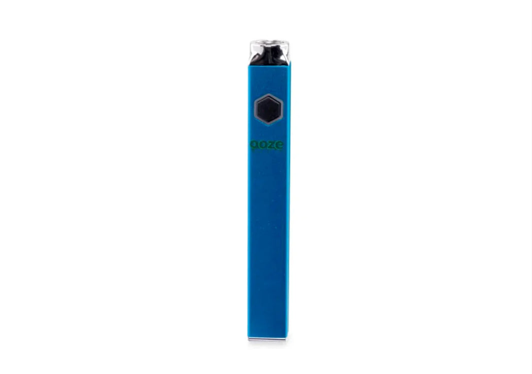 A sleek, rectangular blue vape battery stands upright against a white background, featuring a black hexagonal button and a green 'ooze' logo.