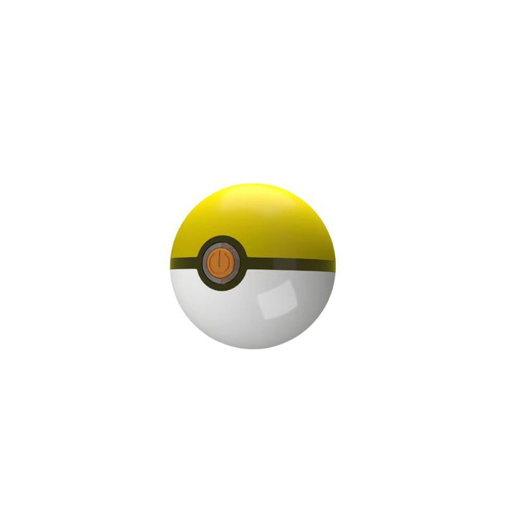 A spherical yellow and white device with a central orange button featuring a power symbol, resembling a Poké Ball, against a plain white background.