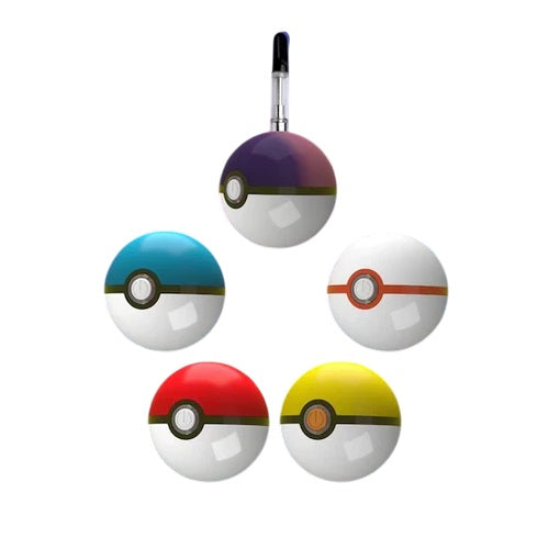 Multiple spherical vape battery devices resembling Poké Balls in various colors, with one having a cartridge attached, on a white background.