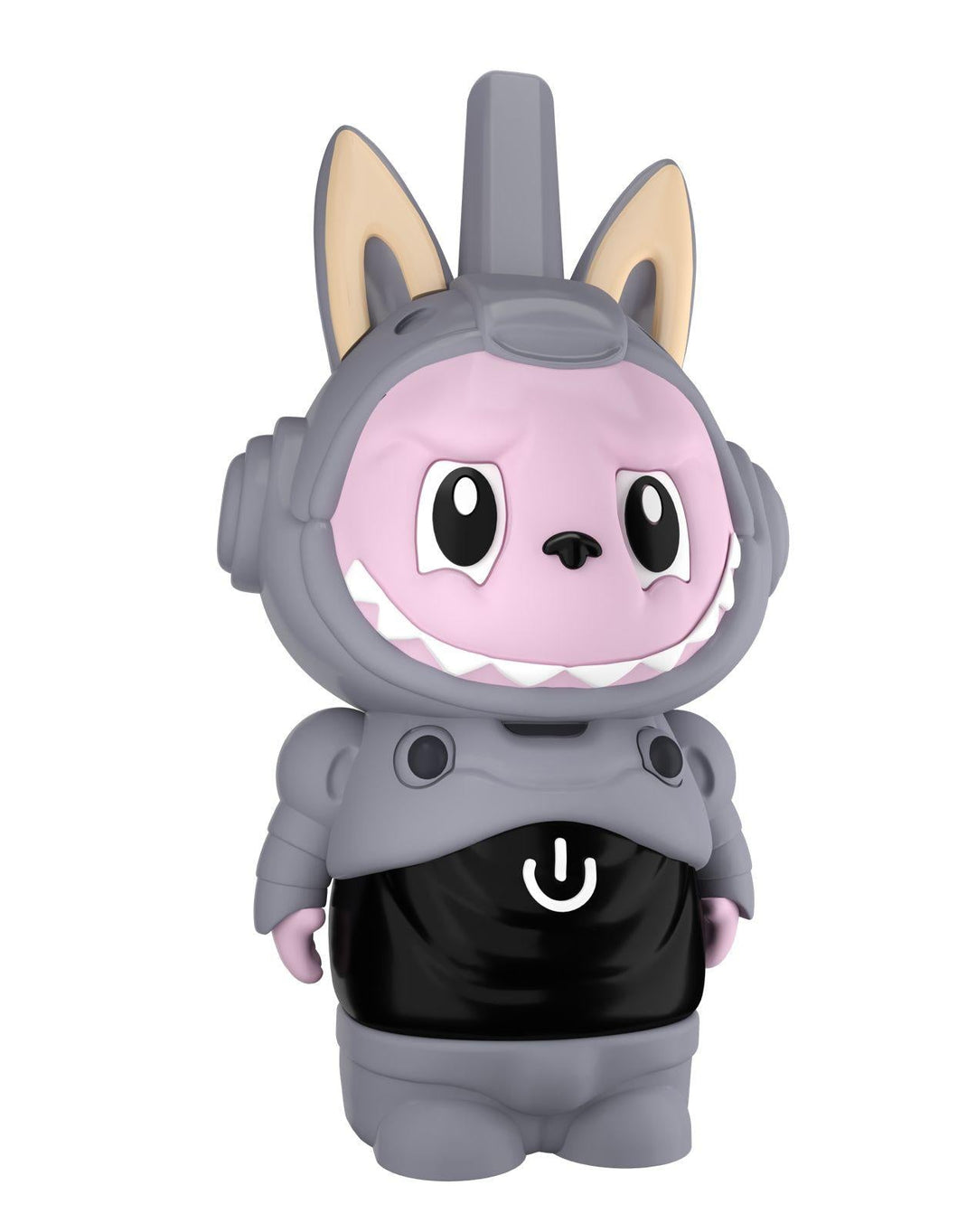 Front view of a gray and pink cartoon character-shaped 510 thread cartridge battery with a power symbol on its chest.