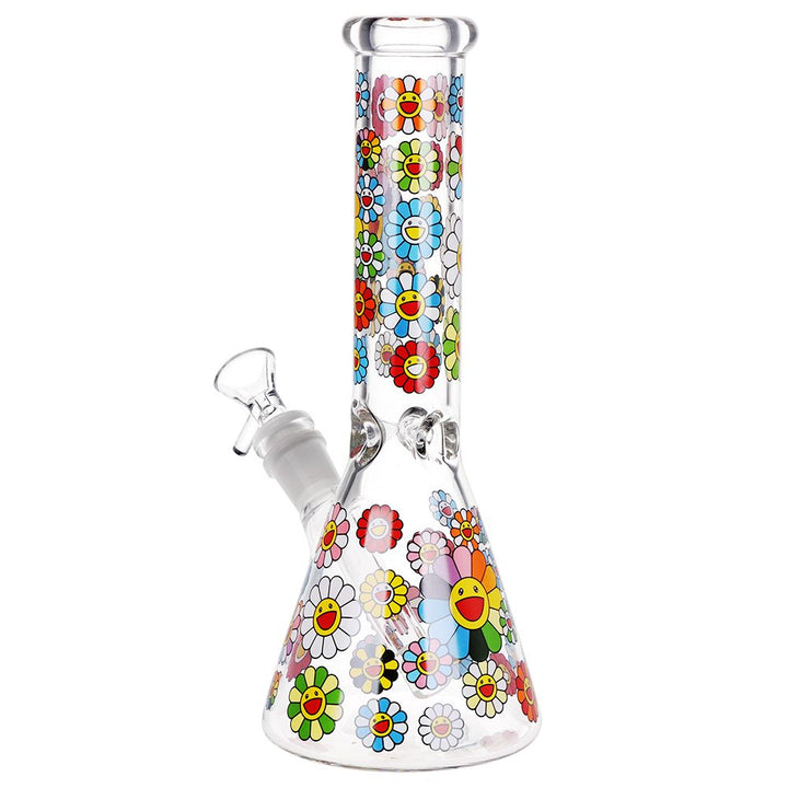 10-Inch Beaker Water Pipe with Smiling Flowers Decal