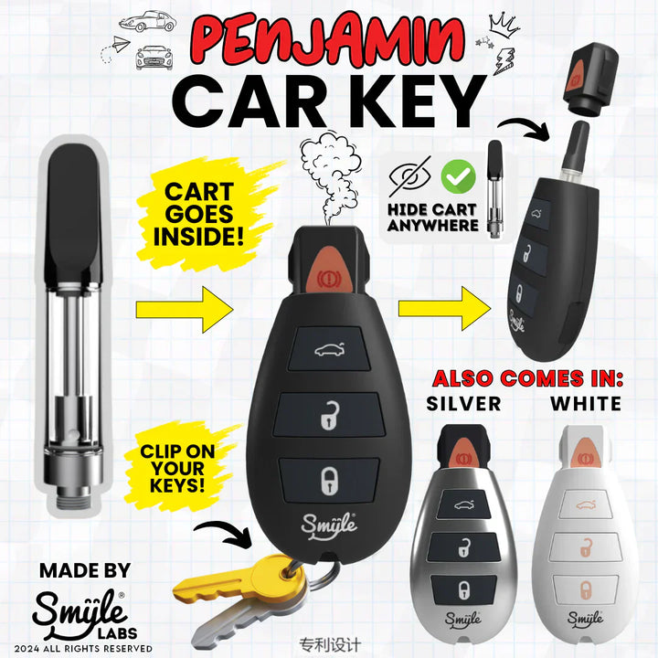 An illustration showcasing a vape battery disguised as a car key fob, demonstrating how a vape cartridge fits inside, with options in black, silver, and white.