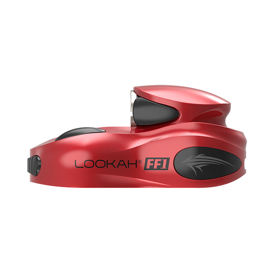 Side view of a sleek, compact red vape battery with black accents and 'LOOKAH FF1' branding, presented against a white background.
