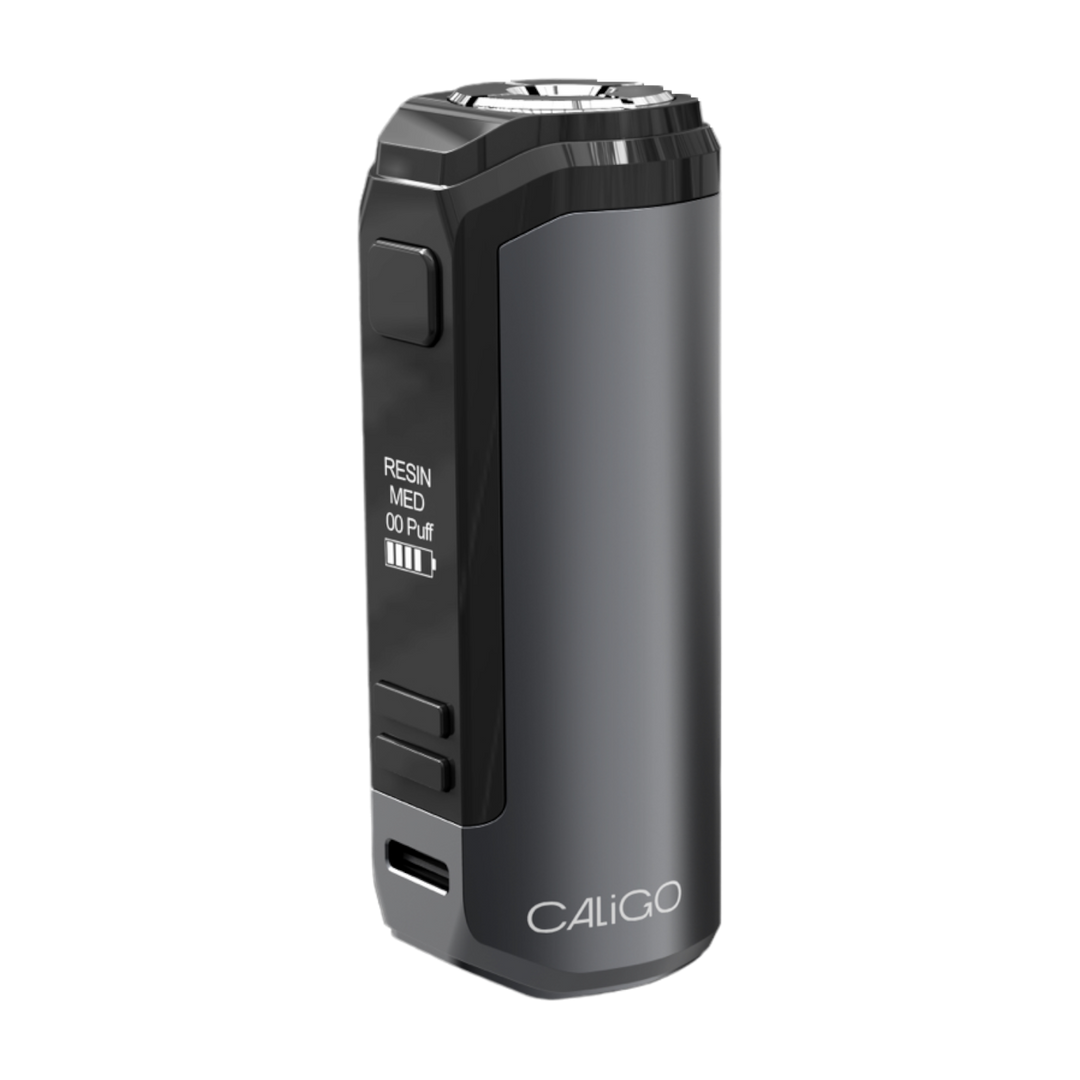 A sleek, dark grey and black rectangular vape battery standing upright, showcasing its display with 'RESIN MED 00 Puff' text and a battery indicator, along with the 'CALIGO' logo at the base.