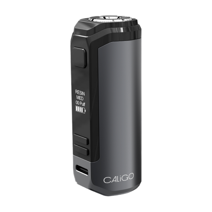 A sleek, dark grey and black rectangular vape battery standing upright, showcasing its display with 'RESIN MED 00 Puff' text and a battery indicator, along with the 'CALIGO' logo at the base.