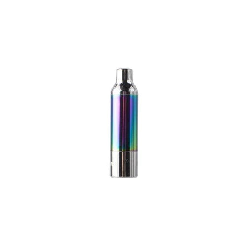A close-up, eye-level shot of a Yocan Evolve replacement vape atomizer, featuring a vibrant iridescent rainbow finish on its cylindrical body and shiny silver metallic top and bottom sections, set against a clean white background.