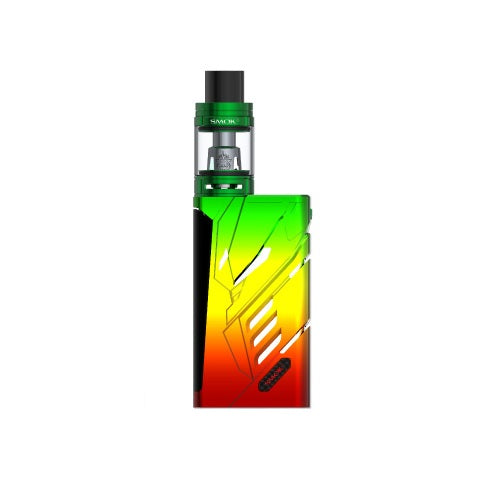 A full view of a SMOK T-Priv 220W Power Vaporizer Kit, featuring a vibrant green, yellow, and red gradient color scheme on the mod and a matching green tank.