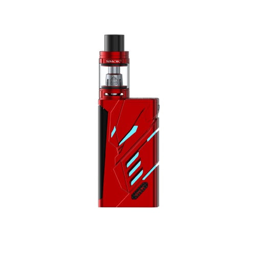 Front view of a red and black vaporizer kit with a clear tank, featuring angular, futuristic design elements and light blue accents.