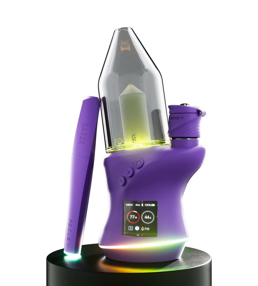 Product shot of a red and black swirled silicone water pipe with a clear glass chamber, featuring a removable glass bowl on the side.