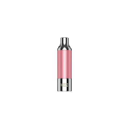 A close-up, vertical shot of a pink and silver cylindrical vape atomizer, featuring a metallic mouthpiece and base with a small 'Yocan' logo. This image highlights a specific color variant of the replacement part.