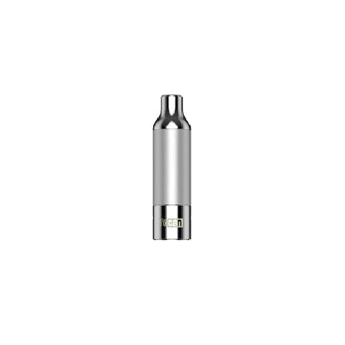 A silver, cylindrical vape atomizer with a tapered mouthpiece stands upright against a white background. The 'yocan' logo is visible near the base.
