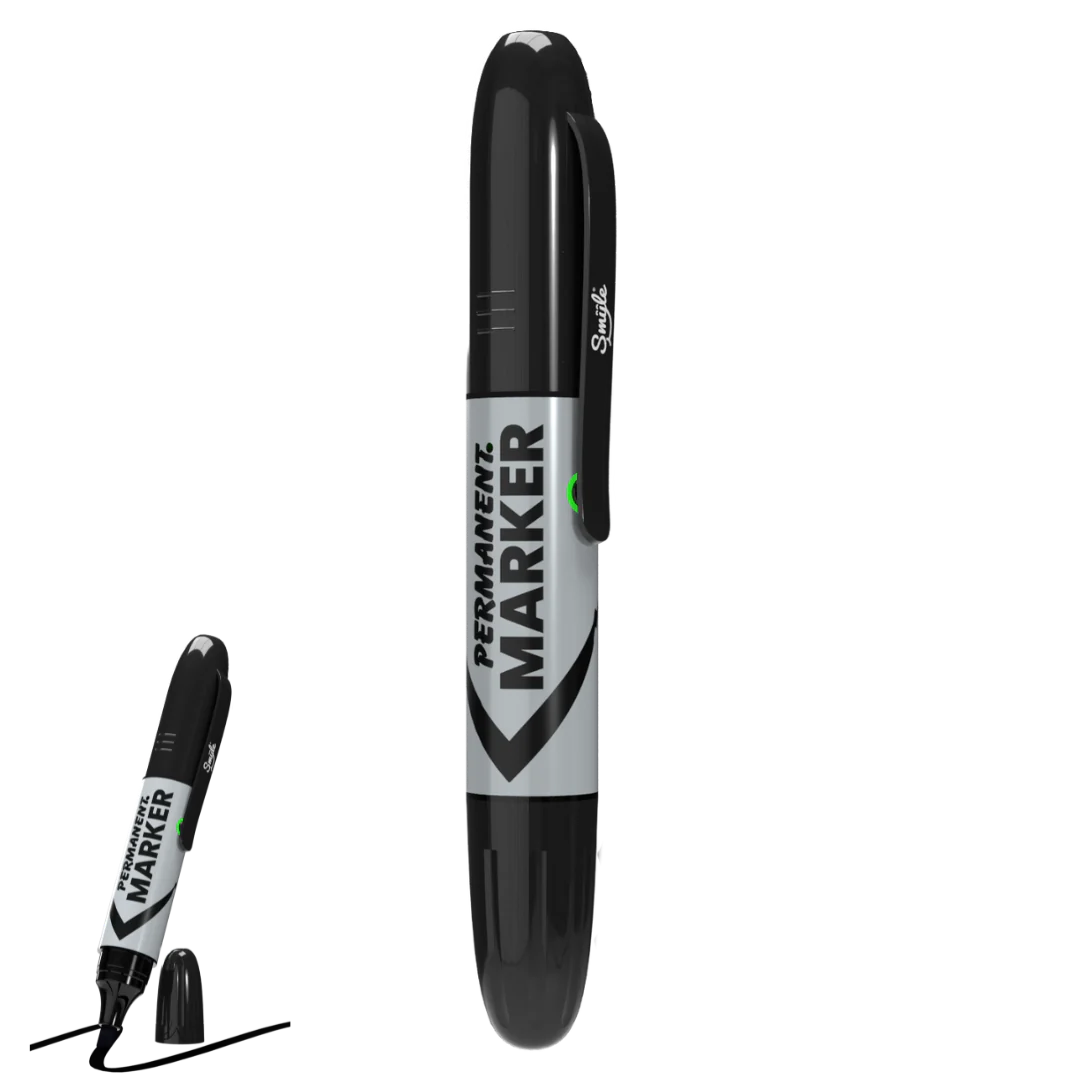 Two black marker-shaped cartridge batteries, one large and upright, the other smaller, tilted, and with its cap removed to show the tip, both featuring 'PERMANENT MARKER' text on a silver label.