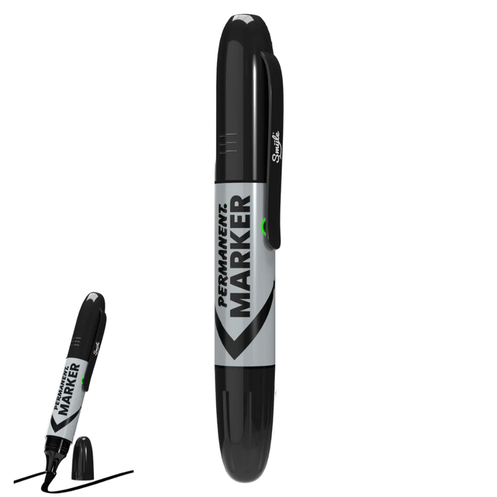 Two black marker-shaped cartridge batteries, one large and upright, the other smaller, tilted, and with its cap removed to show the tip, both featuring 'PERMANENT MARKER' text on a silver label.