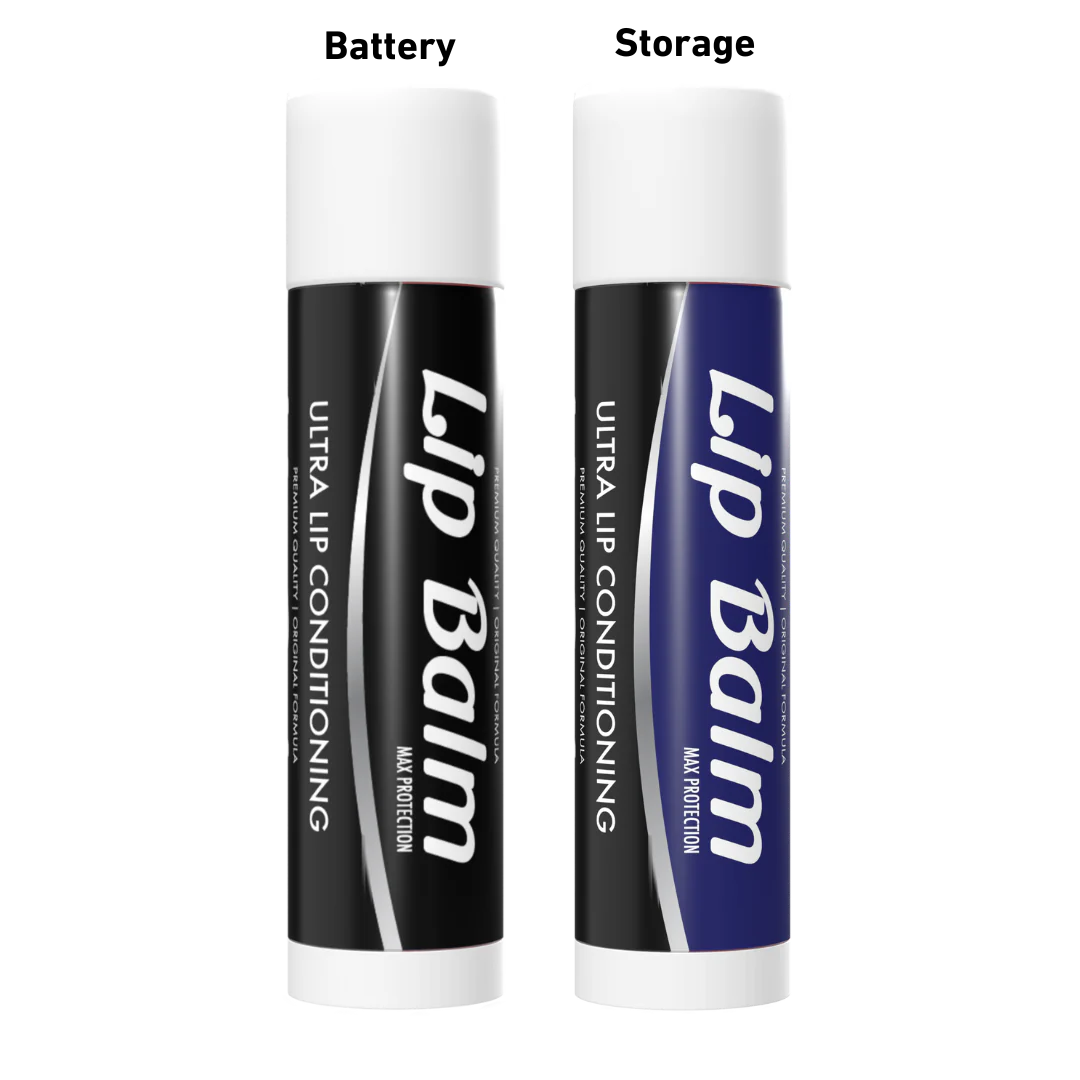 Two cylindrical tubes resembling lip balm sticks, one black and one dark blue, both with white caps and bases, featuring white text 'Lip Balm' and 'Ultra Lip Conditioning'.