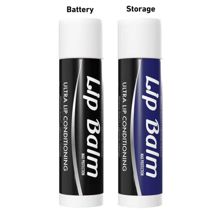 Two cylindrical tubes resembling lip balm sticks, one black and one dark blue, both with white caps and bases, featuring white text 'Lip Balm' and 'Ultra Lip Conditioning'.