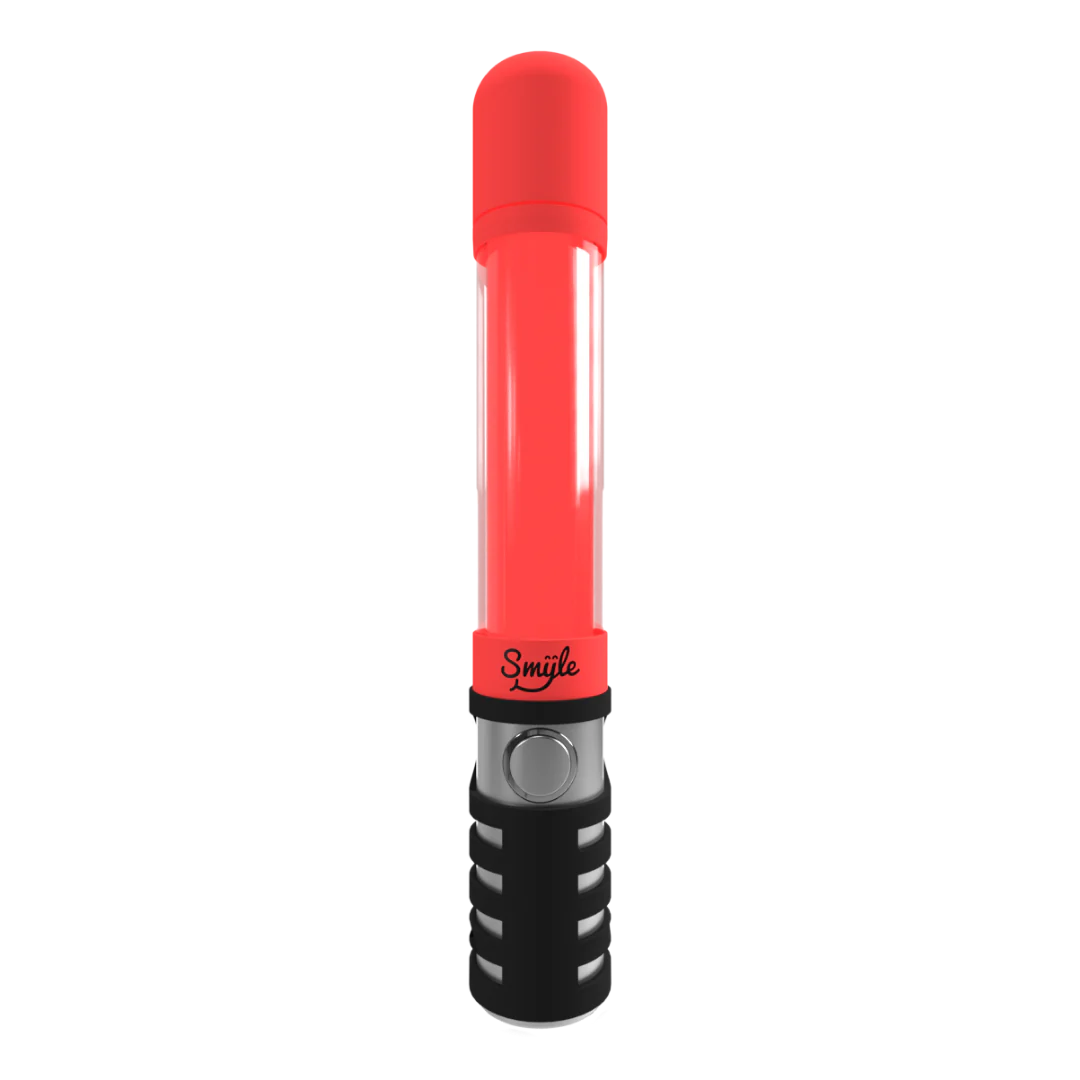 A red and black cylindrical vape battery with a clear upper section and a textured grip, shown against a black background.