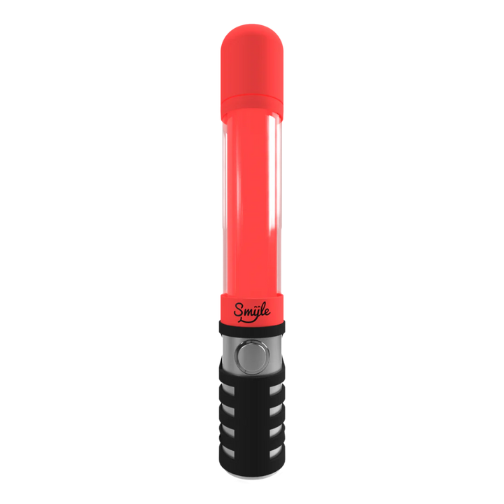 A red and black cylindrical vape battery with a clear upper section and a textured grip, shown against a black background.