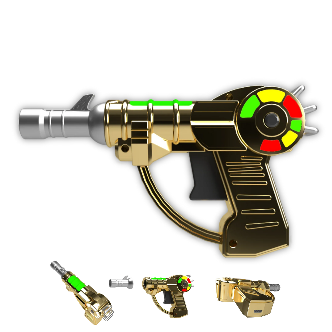 Multiple views of a gold ray gun-shaped cartridge battery with a glowing green indicator and colorful dial.