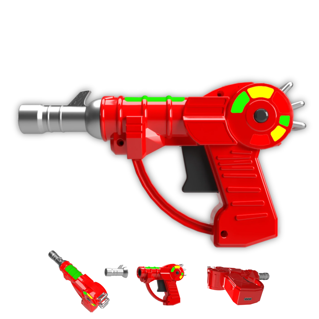 A red ray gun-shaped cartridge battery with green and yellow accents, shown with three smaller disassembled views below it, highlighting its modular design.