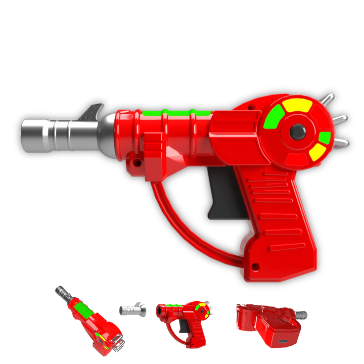 A red ray gun-shaped cartridge battery with green and yellow accents, shown with three smaller disassembled views below it, highlighting its modular design.