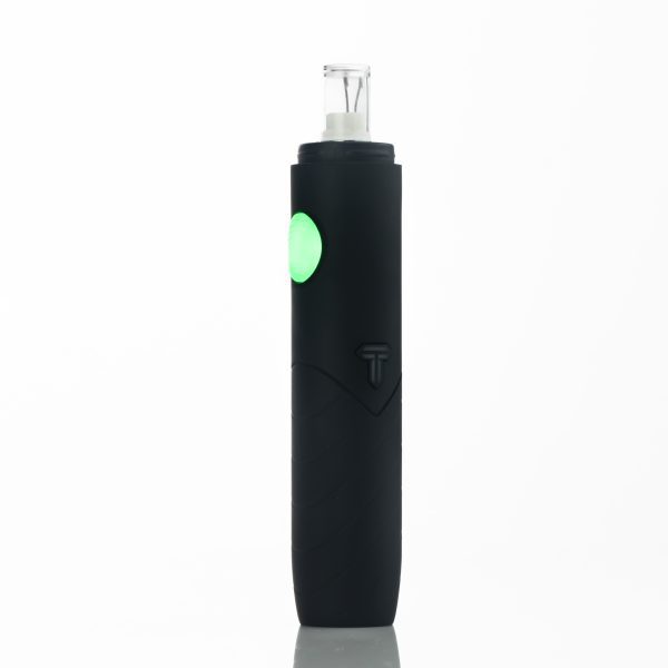 Detail shot displaying the dimensions of a clear glass carb cap and a black silicone tether, with measurements in inches.