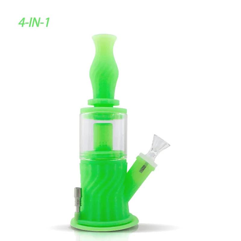 A bright neon green 4-in-1 silicone water pipe with a clear central chamber and a swirled texture on its base and mouthpiece, set against a white background.