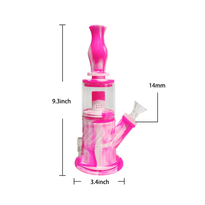 A pink and white swirled silicone water pipe with a clear middle section, shown against a white background with dimensions indicating a height of 9.3 inches, a base width of 3.4 inches, and a joint size of 14mm.