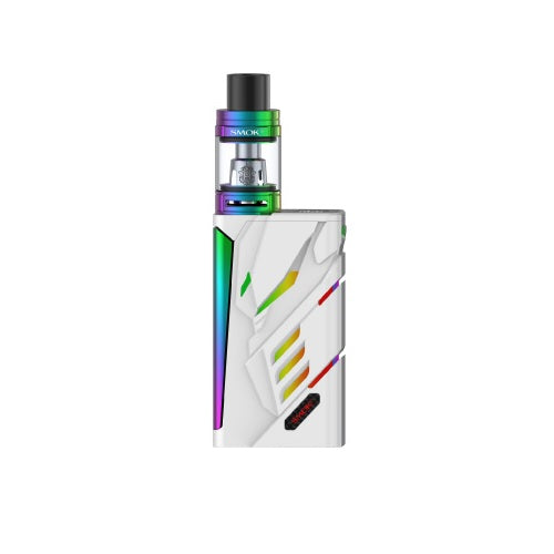 Full product shot of a white vaporizer kit with a rainbow-colored tank and matching rainbow accents on the mod, set against a white background.