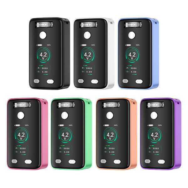 A grid of seven Yocan UNI 3.0 adjustable cartridge vaporizers in various colors: black, white, blue, pink, green, orange, and purple, all displaying '4.2 V' on their screens.