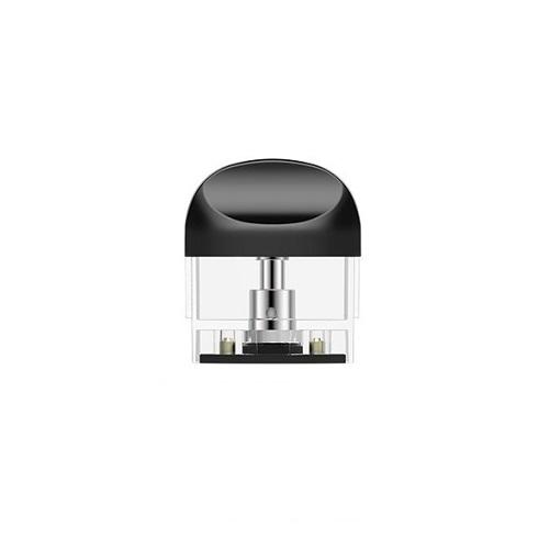 A single black and clear vaporizer pod cartridge, shown upright against a white background, highlighting its transparent body and metallic internal components.