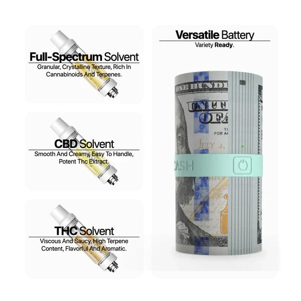 A sleek, dark grey rectangular vaporizer with a small four-petal logo centered near the top, presented vertically.