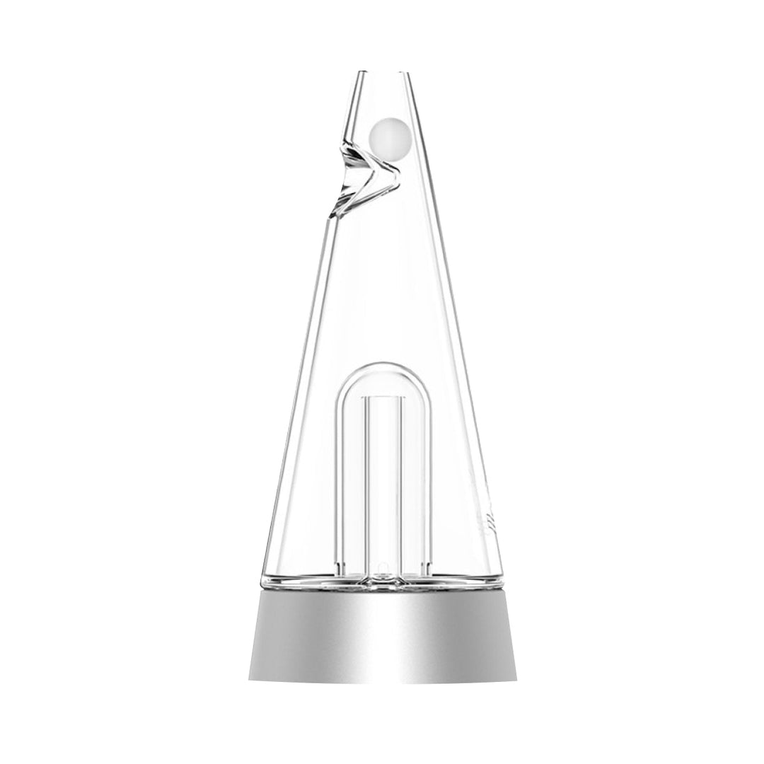 A clear glass, conical-shaped percolator with internal tubes and a small white ball near the top, sitting on a silver base, presented against a white background.