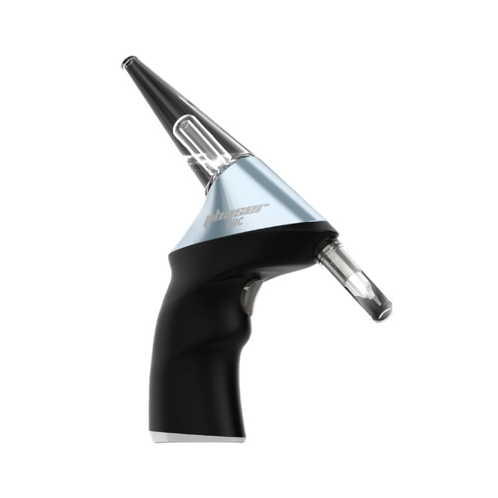 Close-up detail shot of a clear glass bowl with a handle and a ground joint connection, attached to a larger glass water pipe, against a plain white background.