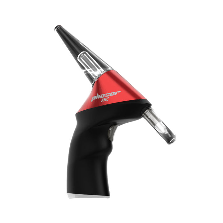 Red and black handheld electronic nectar collector, resembling a phaser gun, with clear glass tips, angled upwards on a white background.