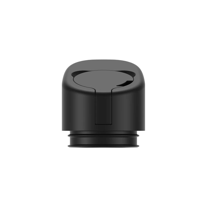 Close-up view of a black vaporizer mouthpiece, showing its rounded top with a central opening and threaded base.