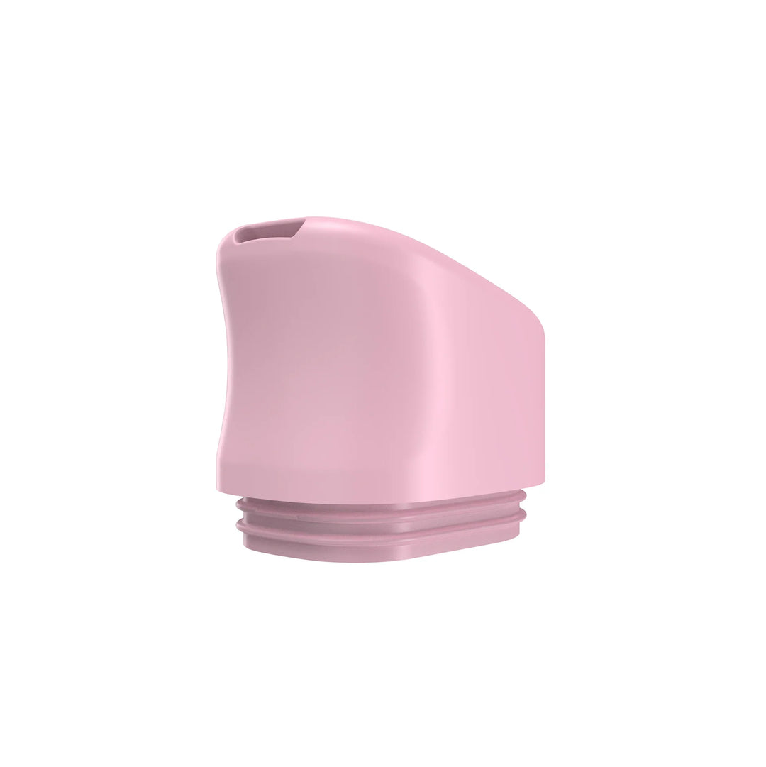 Close-up side view of a pink vaporizer mouthpiece, showing its curved, ergonomic design and the threaded base for attachment. This image highlights the texture and connection point.